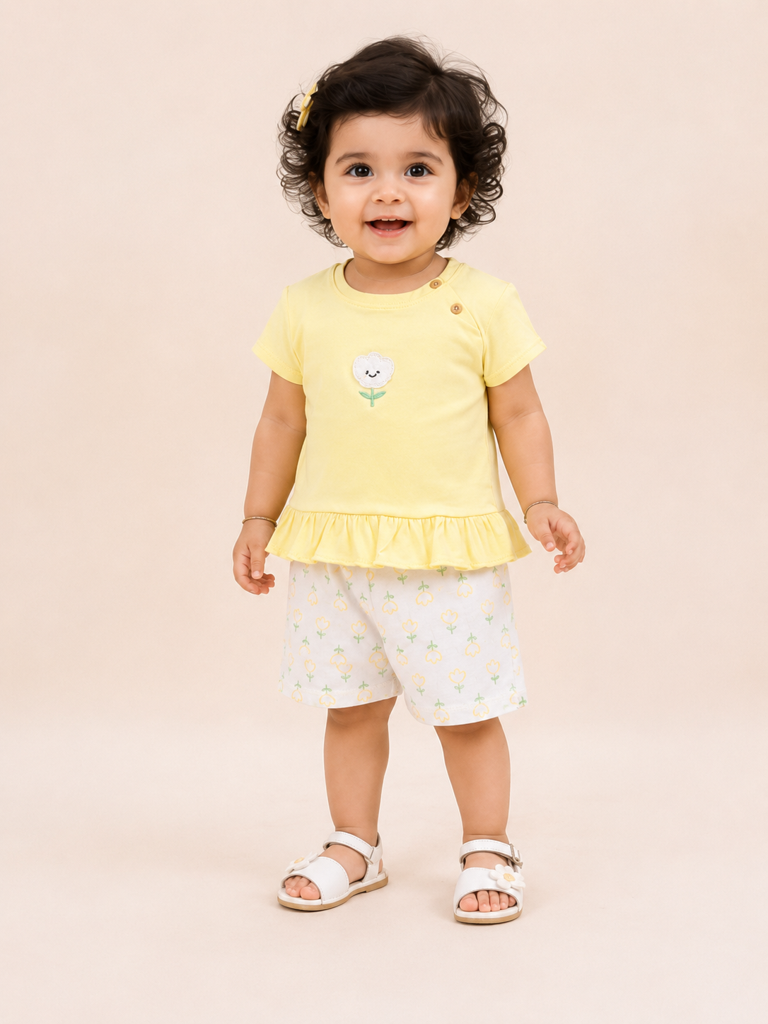 Girls Yellow Flower Appliqué Top & Shorts Set – Soft Cotton Summer Co-ord Outfit BloomUp