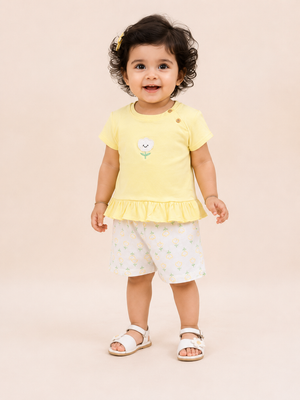 Girls Yellow Flower Appliqué Top & Shorts Set – Soft Cotton Summer Co-ord Outfit BloomUp