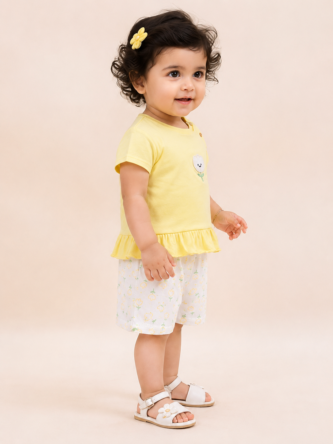 Girls Yellow Flower Appliqué Top & Shorts Set – Soft Cotton Summer Co-ord Outfit BloomUp