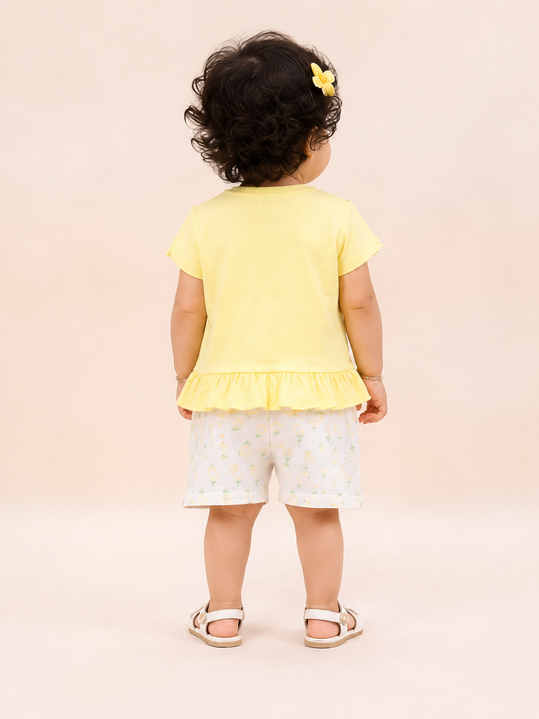 Girls Yellow Flower Appliqué Top & Shorts Set – Soft Cotton Summer Co-ord Outfit BloomUp