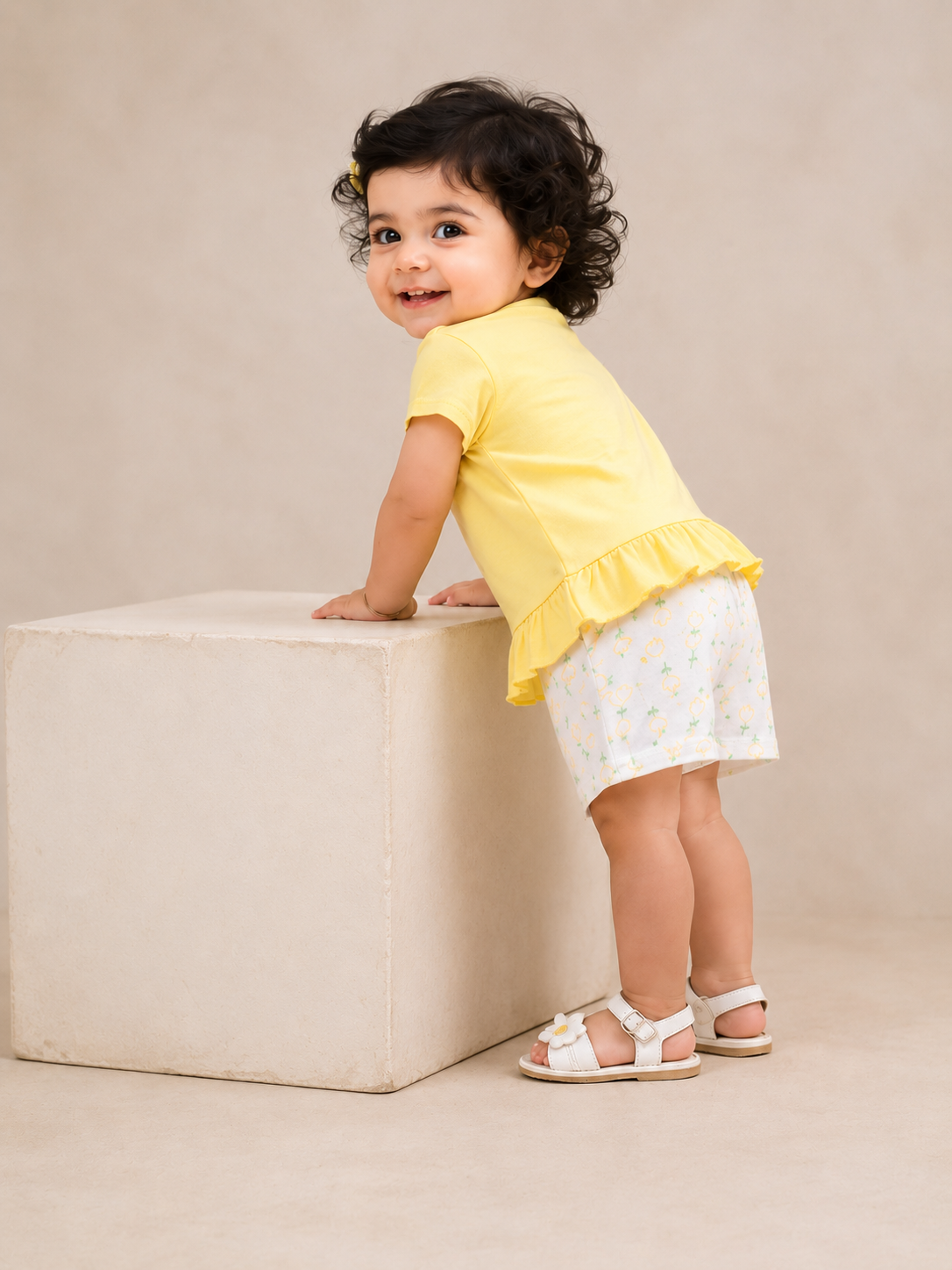 Girls Yellow Flower Appliqué Top & Shorts Set – Soft Cotton Summer Co-ord Outfit BloomUp