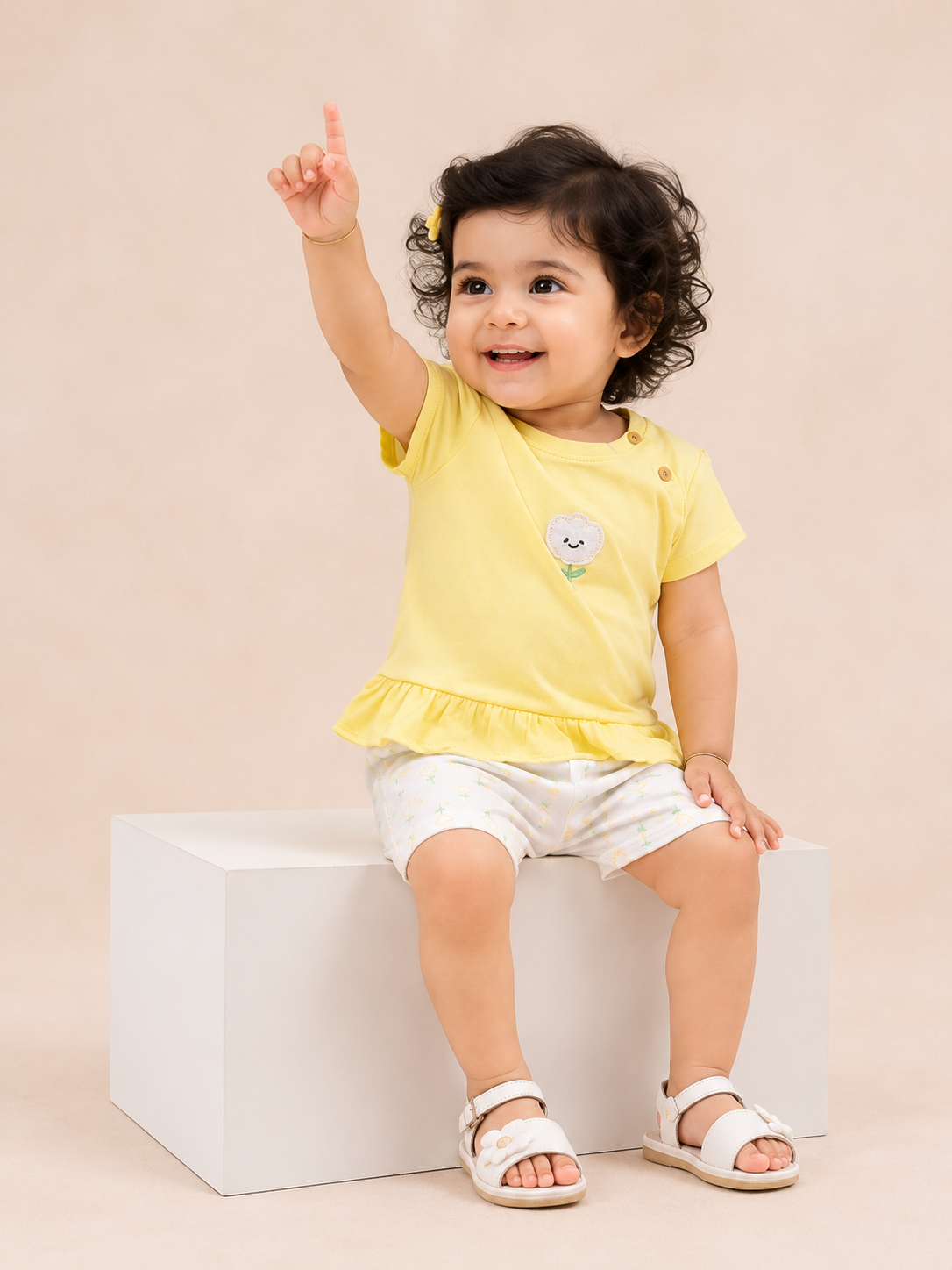 Girls Yellow Flower Appliqué Top & Shorts Set – Soft Cotton Summer Co-ord Outfit BloomUp