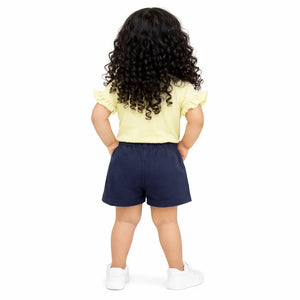 Lemon Yellow Girls Co-ord Set – Beach Print Cotton T-Shirt & Shorts Summer Outfit BloomUp