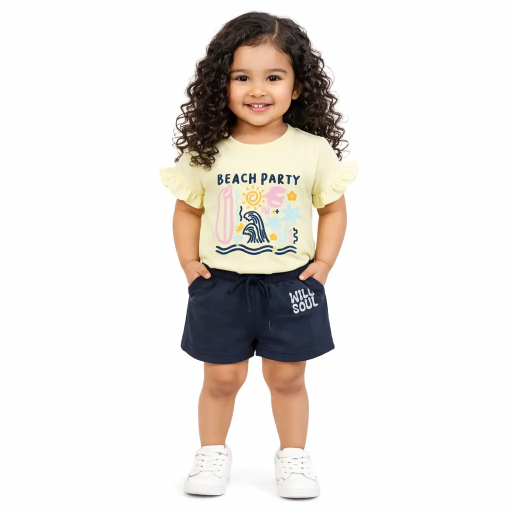 Lemon Yellow Girls Co-ord Set – Beach Print Cotton T-Shirt & Shorts Summer Outfit BloomUp