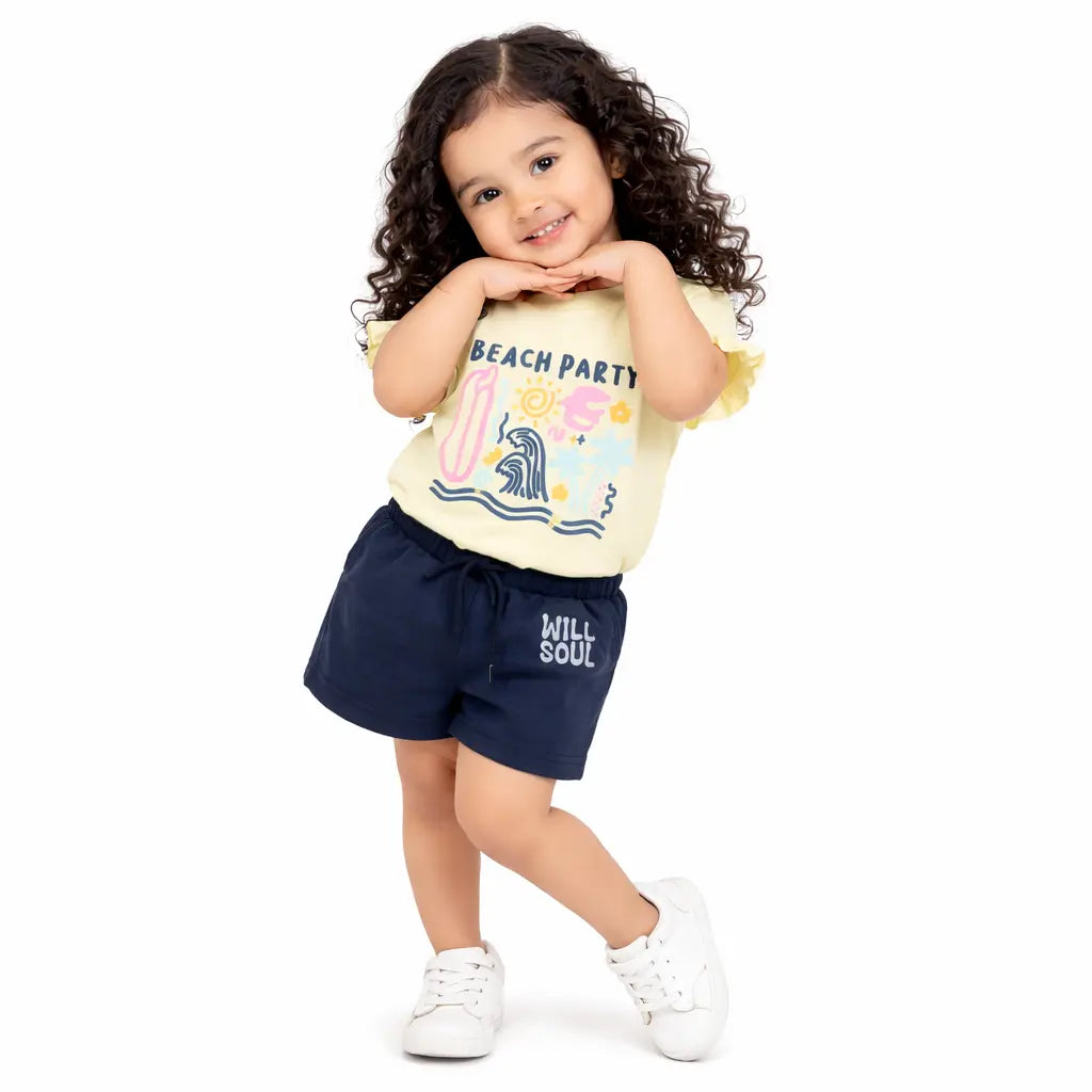Lemon Yellow Girls Co-ord Set – Beach Print Cotton T-Shirt & Shorts Summer Outfit BloomUp