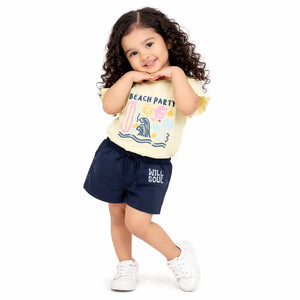 Lemon Yellow Girls Co-ord Set – Beach Print Cotton T-Shirt & Shorts Summer Outfit BloomUp
