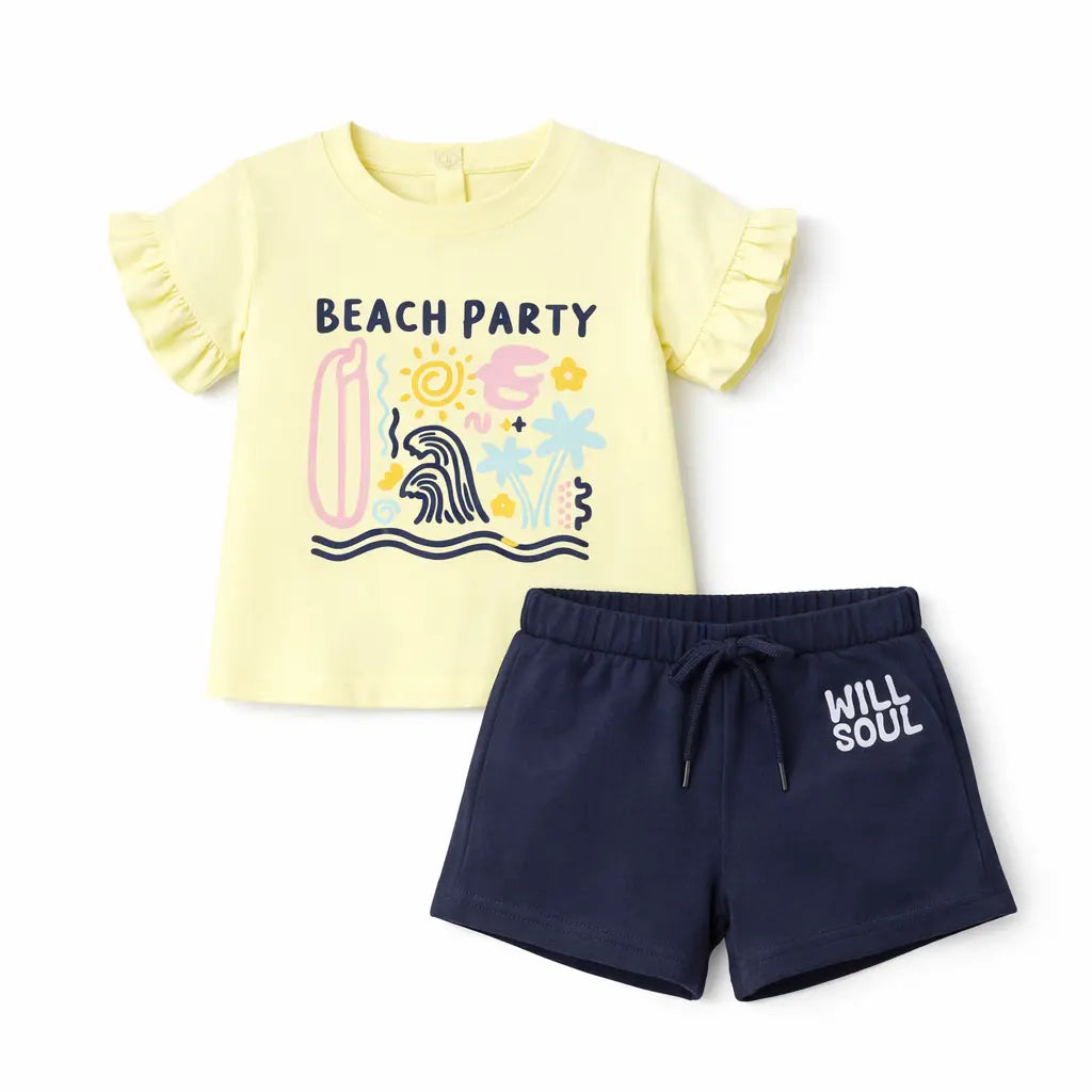 Lemon Yellow Girls Co-ord Set – Beach Print Cotton T-Shirt & Shorts Summer Outfit BloomUp