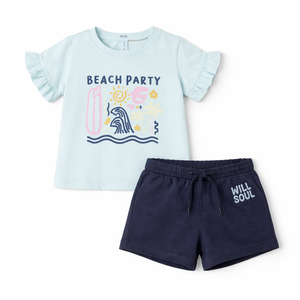 Blue Girls Co-ord Set – Beach Print Cotton T-Shirt & Shorts Summer Outfit BloomUp