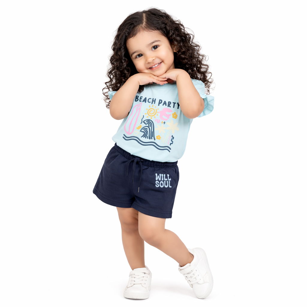 Blue Girls Co-ord Set – Beach Print Cotton T-Shirt & Shorts Summer Outfit BloomUp
