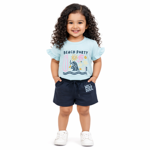 Blue Girls Co-ord Set – Beach Print Cotton T-Shirt & Shorts Summer Outfit BloomUp