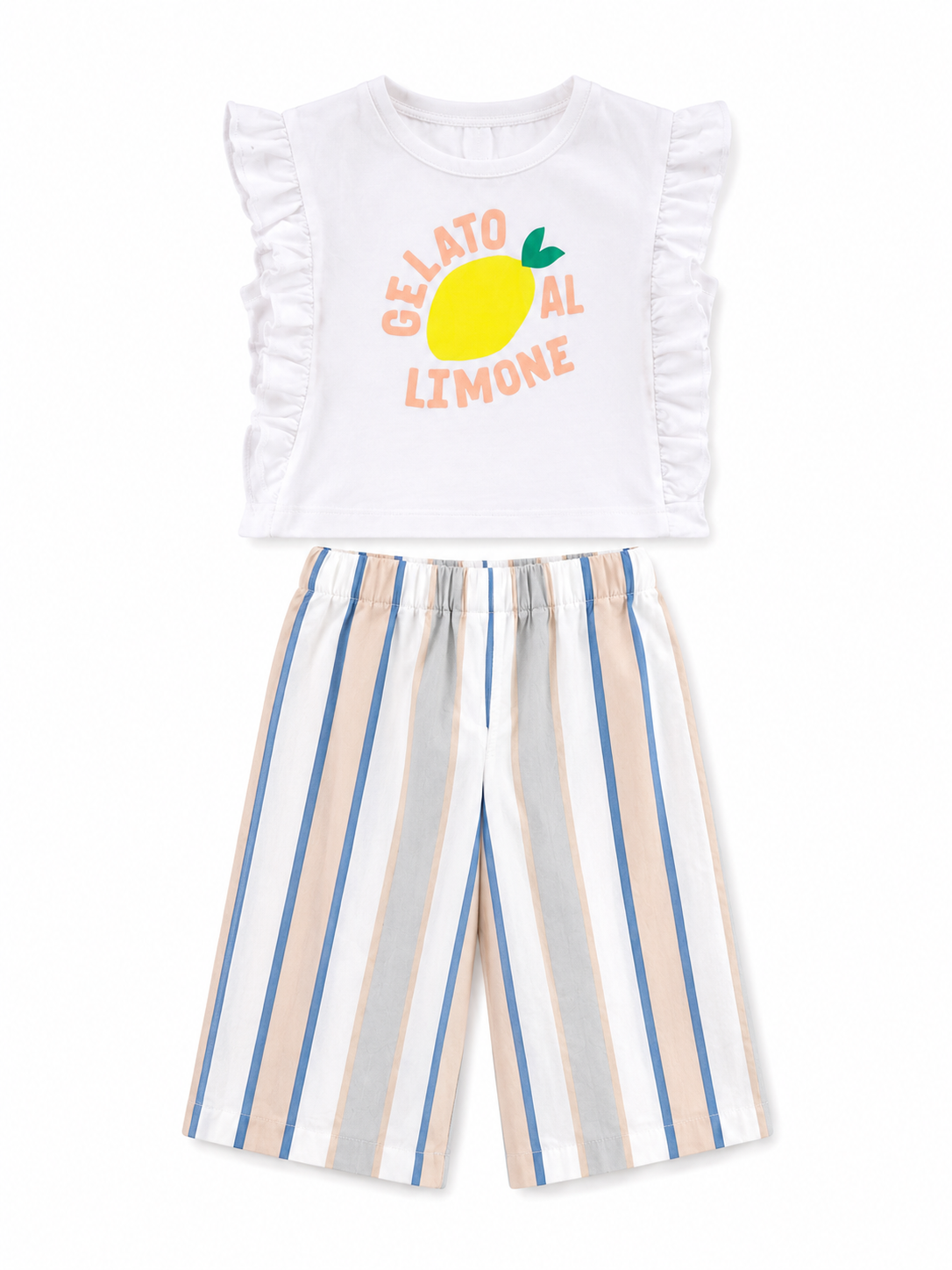 Girls Lemon Graphic Top & Striped Palazzo Pants Set – Soft Cotton Summer Co-ord Outfit BloomUp