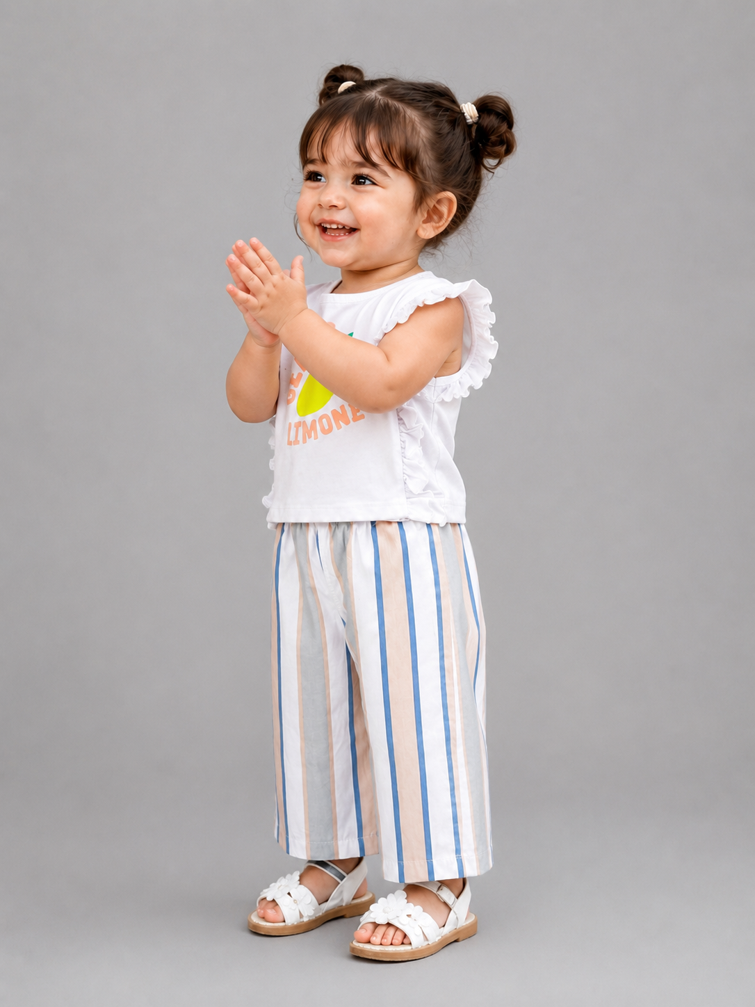 Girls Lemon Graphic Top & Striped Palazzo Pants Set – Soft Cotton Summer Co-ord Outfit BloomUp