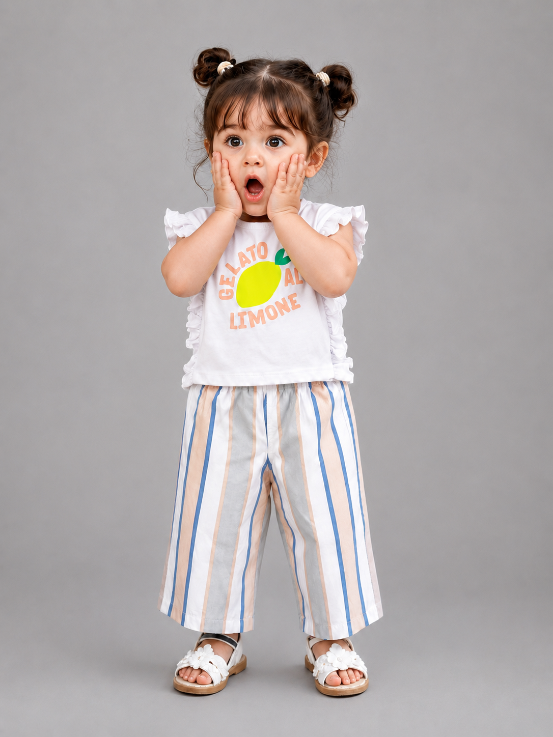 Girls Lemon Graphic Top & Striped Palazzo Pants Set – Soft Cotton Summer Co-ord Outfit BloomUp
