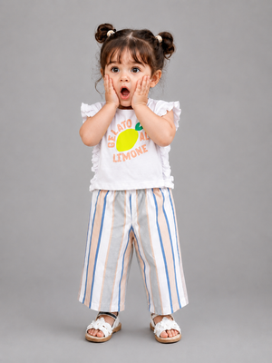 Girls Lemon Graphic Top & Striped Palazzo Pants Set – Soft Cotton Summer Co-ord Outfit BloomUp