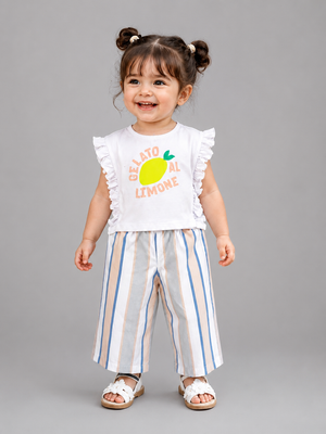 Girls Lemon Graphic Top & Striped Palazzo Pants Set – Soft Cotton Summer Co-ord Outfit BloomUp