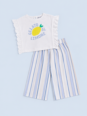 Girls Lemon Graphic Top & Striped Palazzo Pants Set – Soft Cotton Summer Co-ord Outfit BloomUp