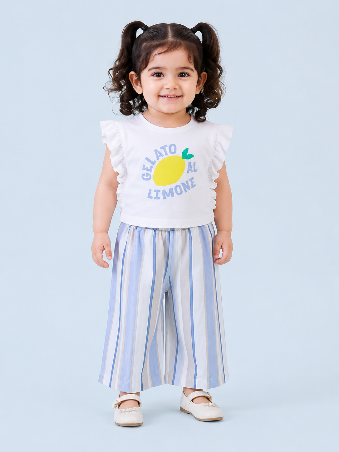 Girls Lemon Graphic Top & Striped Palazzo Pants Set – Soft Cotton Summer Co-ord Outfit BloomUp