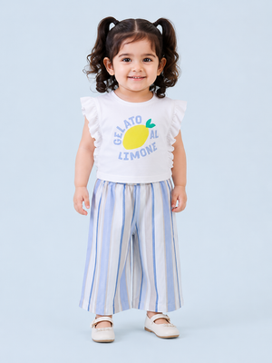 Girls Lemon Graphic Top & Striped Palazzo Pants Set – Soft Cotton Summer Co-ord Outfit BloomUp