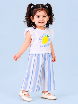 Girls Lemon Graphic Top & Striped Palazzo Pants Set – Soft Cotton Summer Co-ord Outfit BloomUp