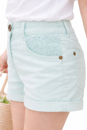 Girls Mint Green Shorts with Lace Pocket Detail BloomUp