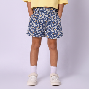Girls Blue Floral Printed Denim Shorts with Button Closure BloomUp
