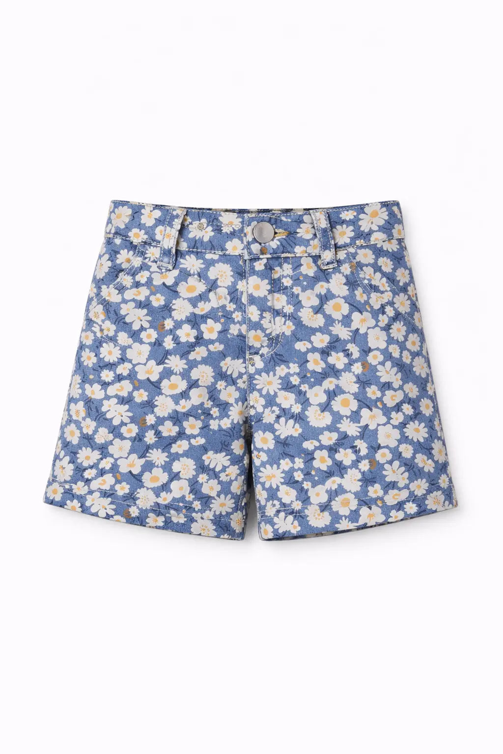 Girls Blue Floral Printed Denim Shorts with Button Closure BloomUp