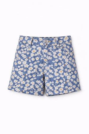 Girls Blue Floral Printed Denim Shorts with Button Closure BloomUp
