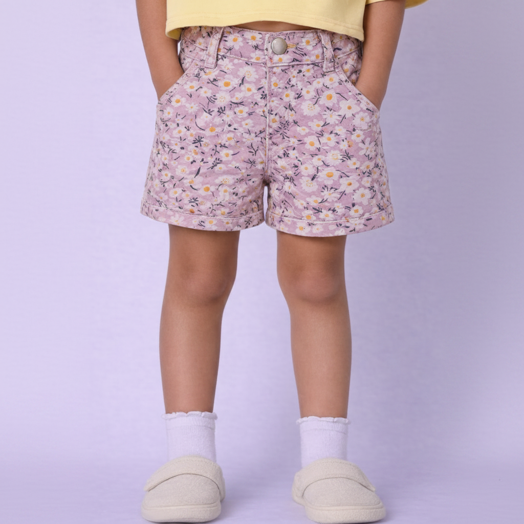 Girls Pink Floral Printed Denim Shorts with Button Closure BloomUp