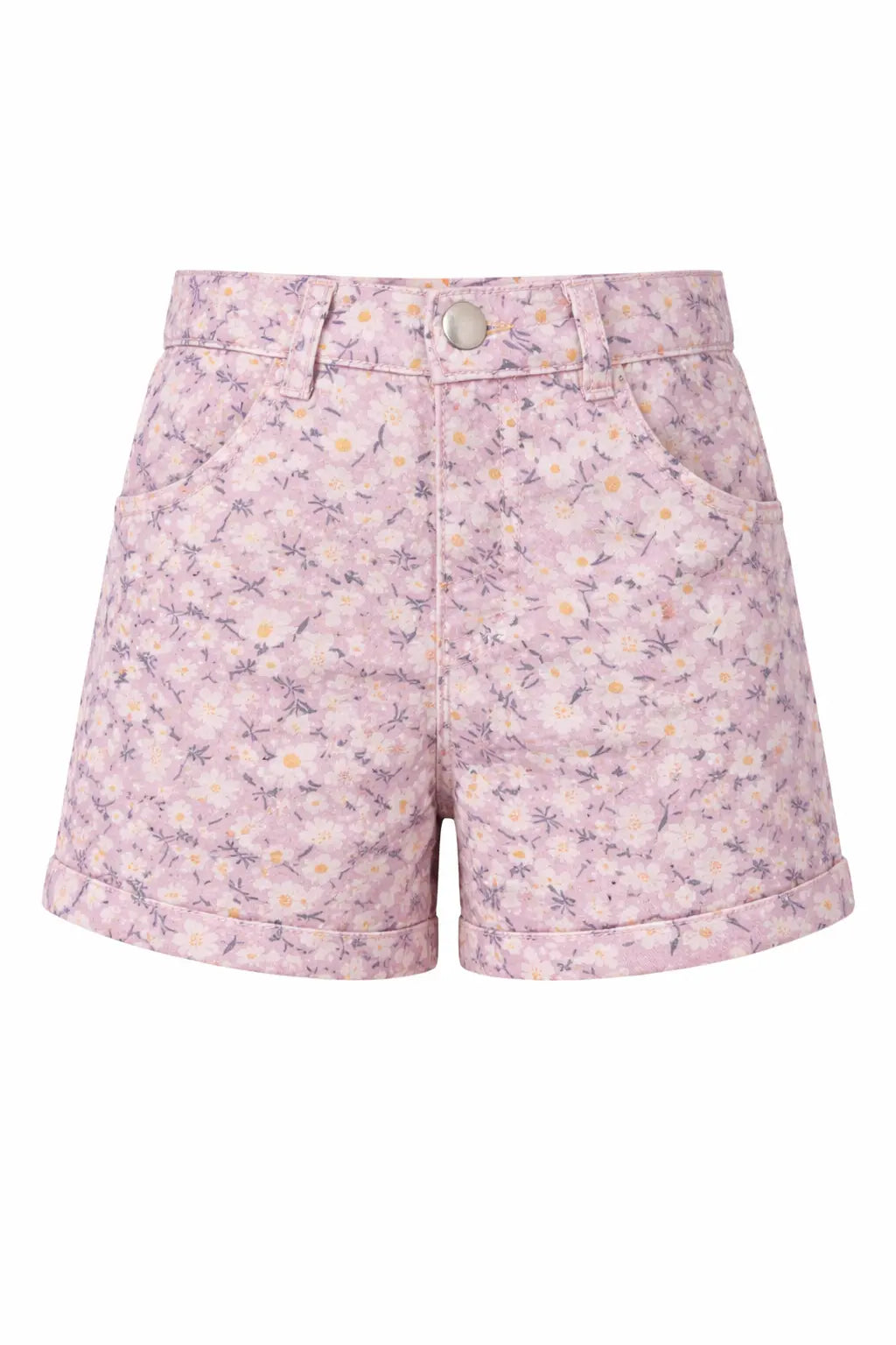 Girls Pink Floral Printed Denim Shorts with Button Closure BloomUp