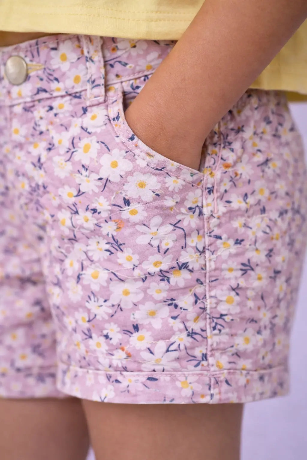Girls Pink Floral Printed Denim Shorts with Button Closure BloomUp