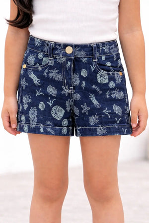 Kids Blue Denim Shorts with Ocean Print BloomUp
