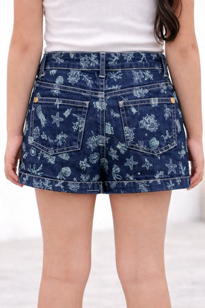 Kids Blue Denim Shorts with Ocean Print BloomUp