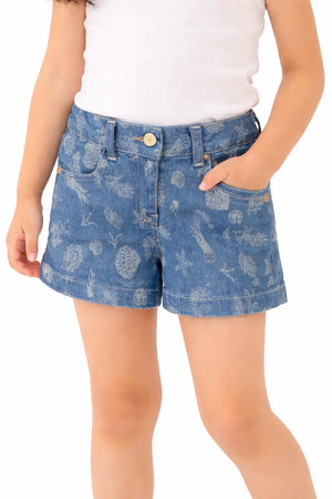 Kids Light Blue Denim Shorts with Ocean Print BloomUp