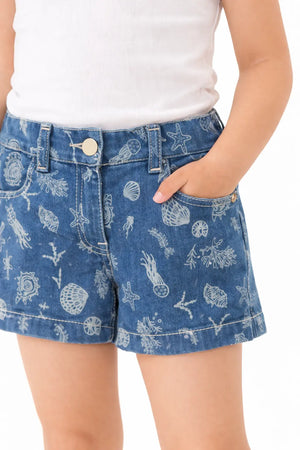 Kids Light Blue Denim Shorts with Ocean Print BloomUp