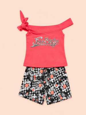 Girls Coral One Shoulder Top Soft Cotton Clothing Set BloomUp