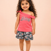 Coral One Shoulder Top & Printed Shorts Set for Girls – Soft Cotton Casual Summer Outfit