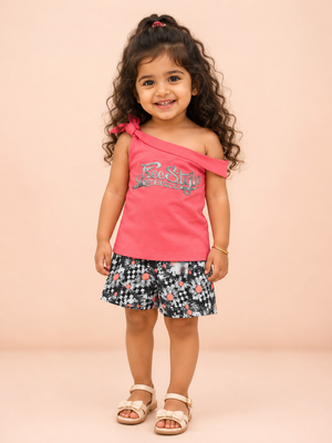 Girls Coral One Shoulder Top Soft Cotton Clothing Set BloomUp