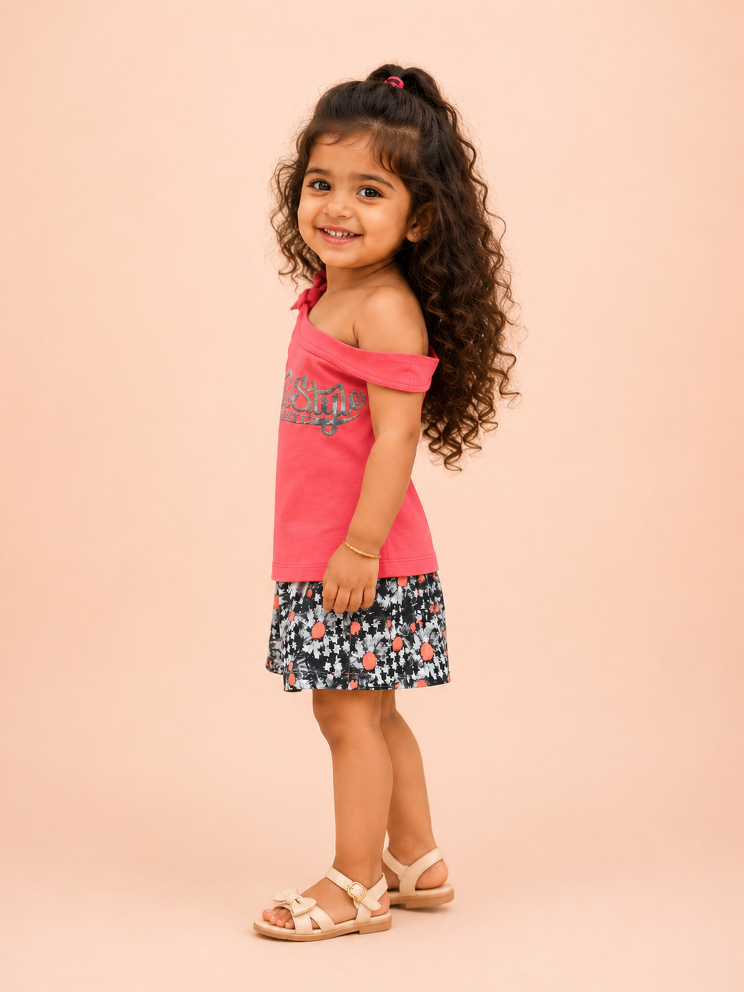Girls Coral One Shoulder Top Soft Cotton Clothing Set BloomUp
