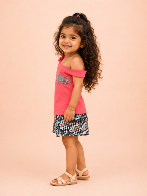 Girls Coral One Shoulder Top Soft Cotton Clothing Set BloomUp
