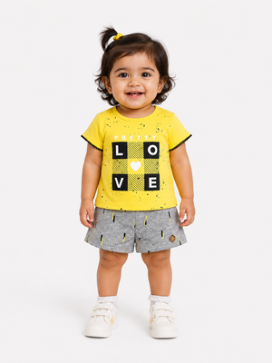 Girls Yellow Short Sleeved Graphic Soft Cotton Clothing Set BloomUp