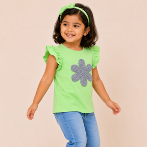 Girls Green Flutter Sleeve Top Soft Cotton Kids Fashion Wear BloomUp
