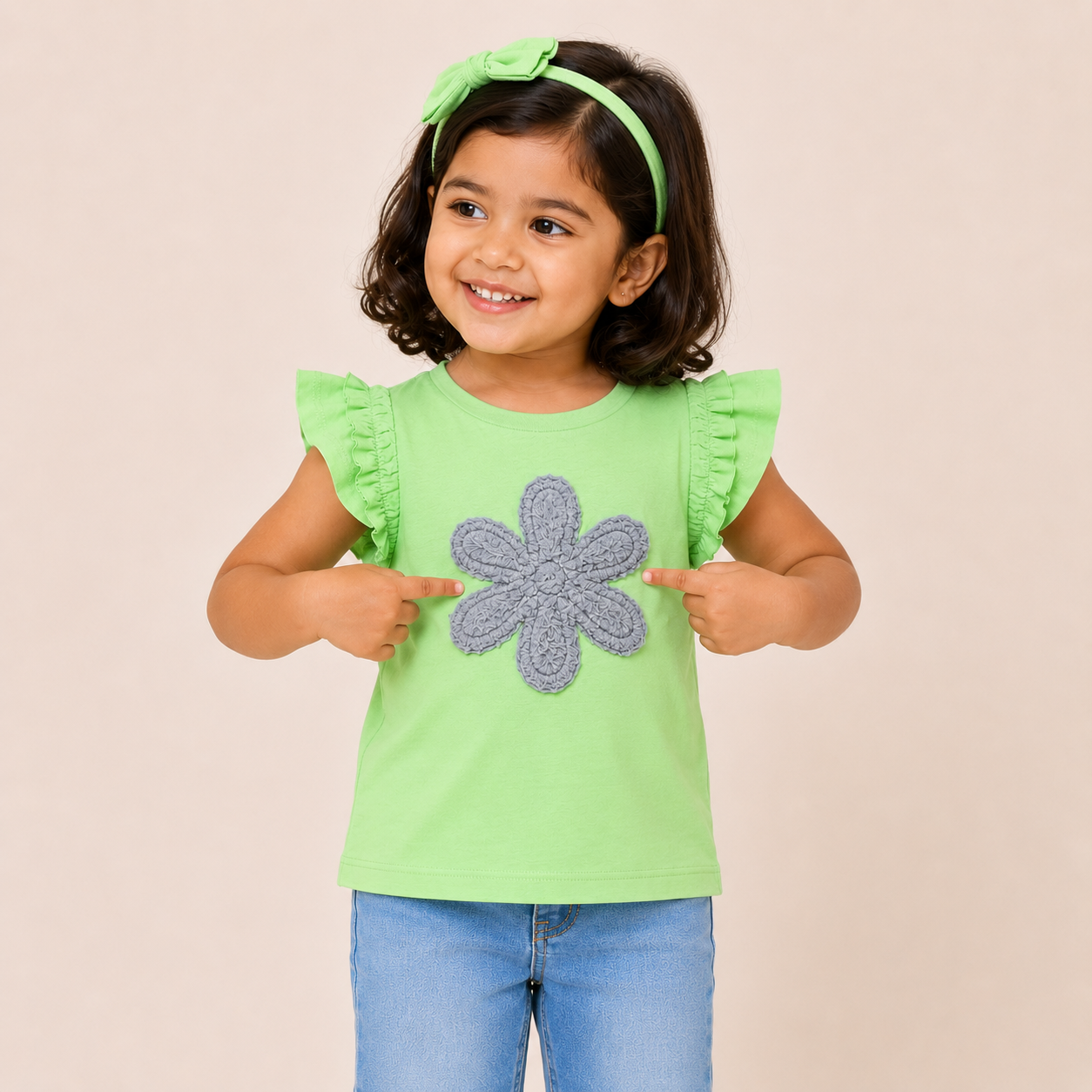 Girls Green Flutter Sleeve Top Soft Cotton Kids Fashion Wear BloomUp