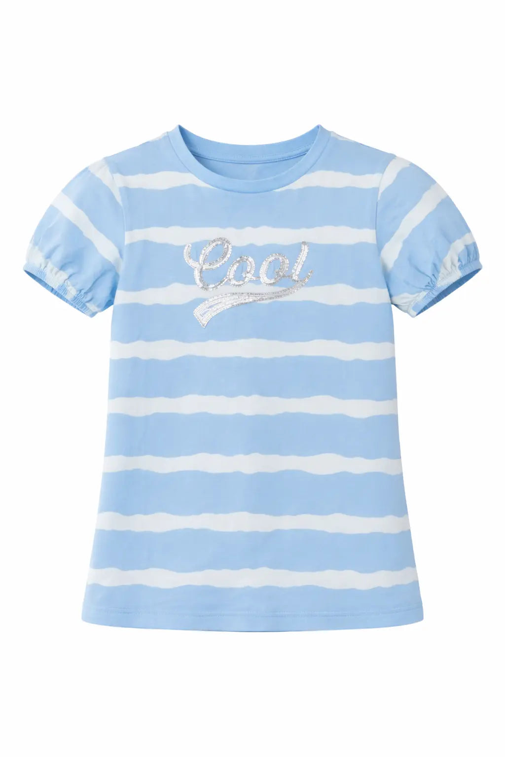 Blue Striped “Cool” Graphic Kids T-Shirt – Soft Cotton Puff Sleeve Summer Wear for Girls BloomUp