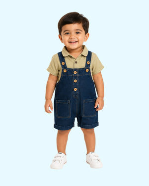 Baby Denim Dungaree Shorts Set with Pistachio Polo T-Shirt BloomUp