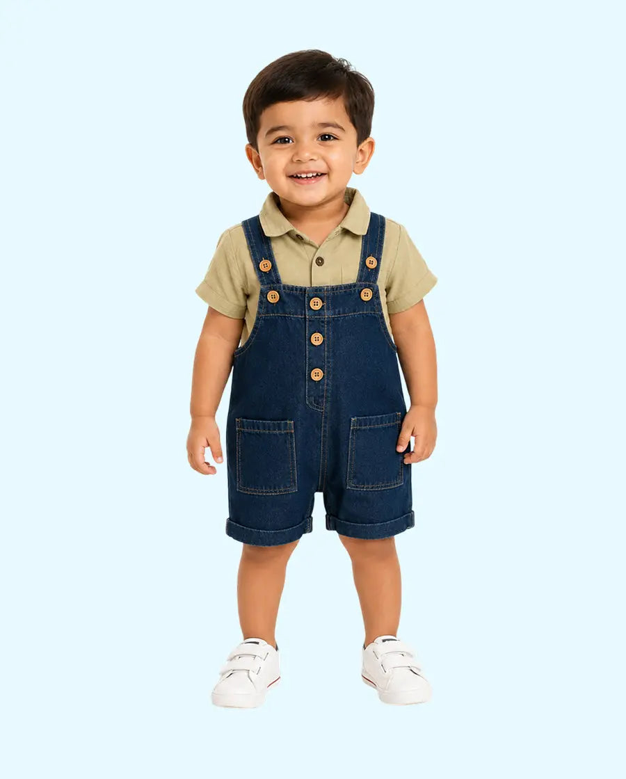 Baby Denim Dungaree Shorts Set with Pistachio Polo T-Shirt