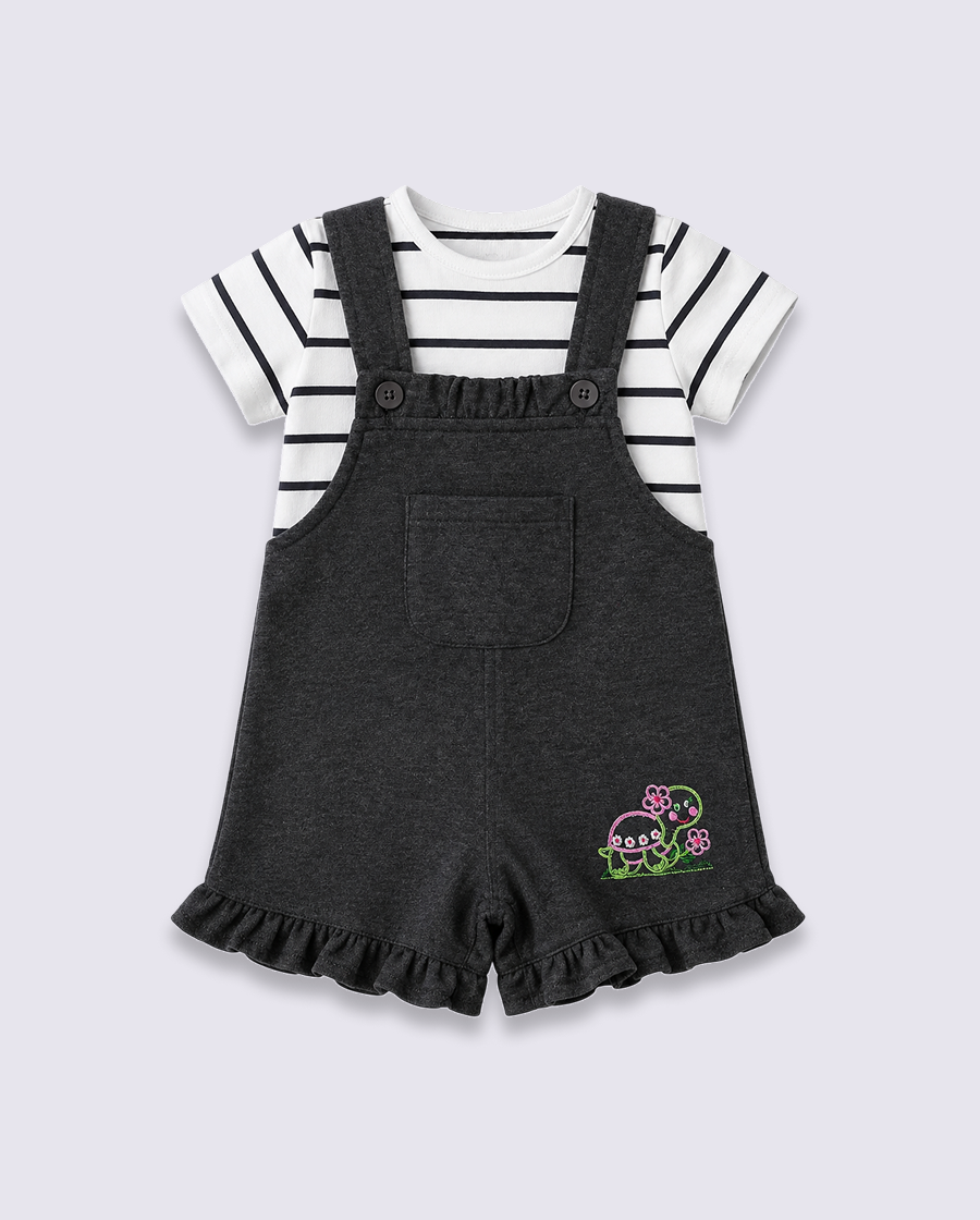 Baby Girls Charcoal Grey Dungaree Romper Set with Striped T-Shirt BloomUp
