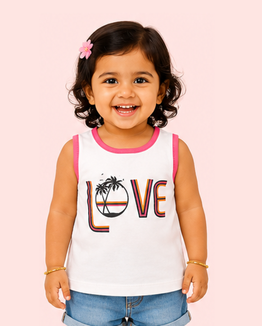 White Love Graphic Sleeveless Top for Girls – Soft Cotton Summer Wear Kids Tank Top BloomUp