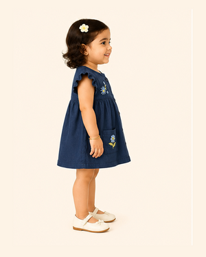 Navy Blue Embroidered Button-Front Kids Dress – Soft Cotton Summer Wear for Girls BloomUp
