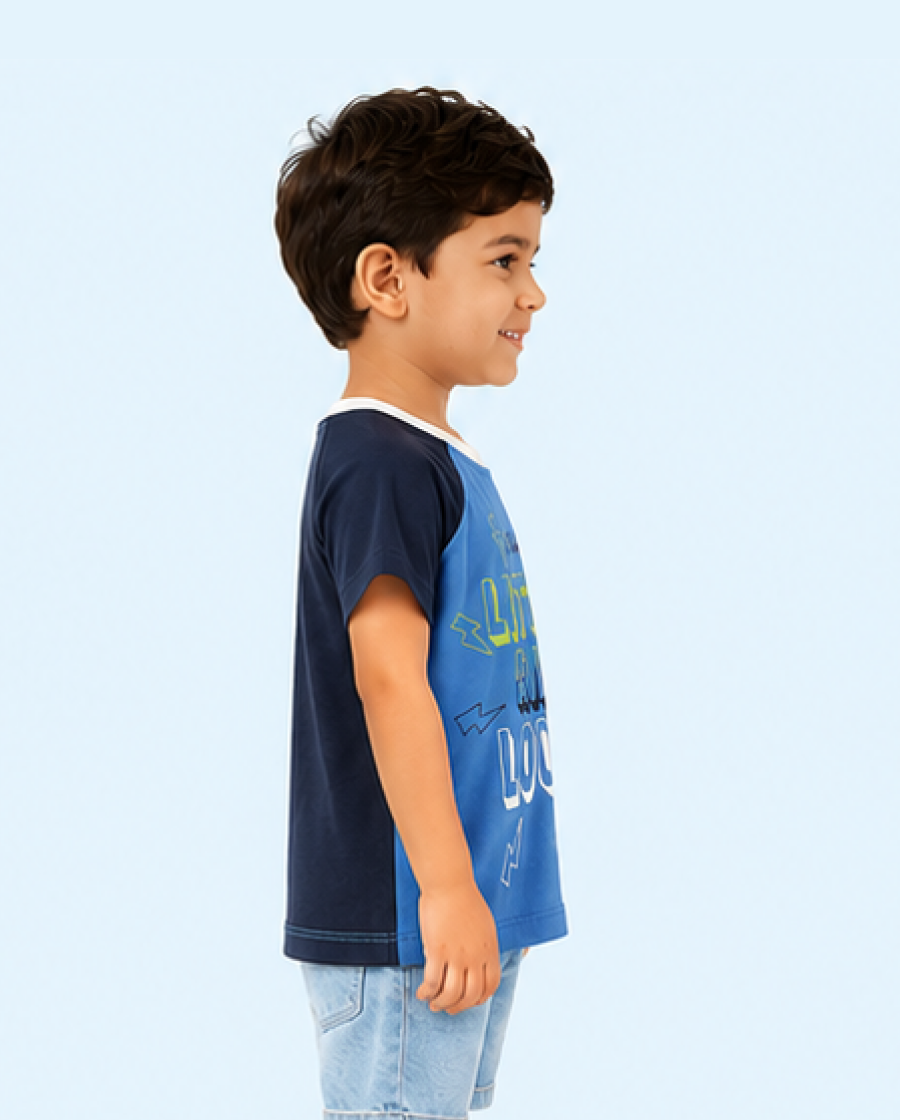 Blue Graphic Raglan Kids T-Shirt – “Little and Loud” Soft Cotton Summer Wear for Boys BloomUp