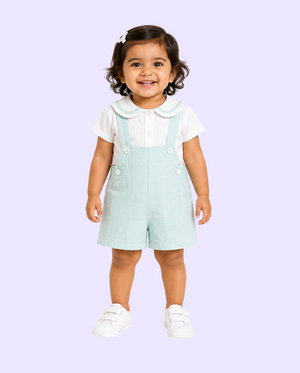 Baby Girls Mint Green Dungaree Shorts Set with Peter Pan Collar Shirt BloomUp